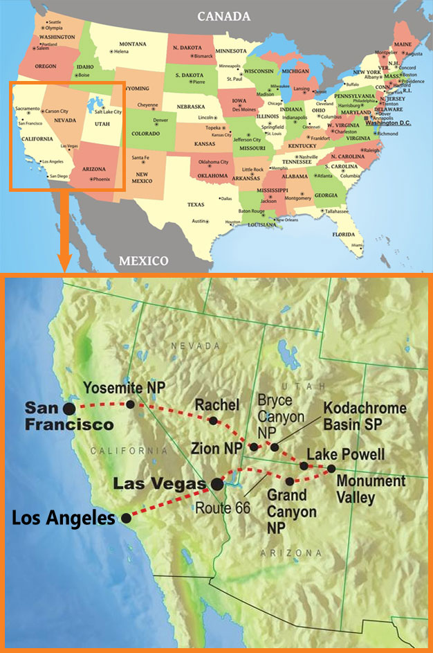 미국 서부 국립공원 캠핑 21일 여행지도(Los Angeles, Las Vegas, Route 66, Grand Canyon NP, Monument Valley, Lake Powell, Kodachrome Basin SP, Bryce Canyon NP, Rachel, Yosemite NP, San Francisco의 경로로 여행합니다. - 자세한 일정은 아래의 내용을 참고하세요)