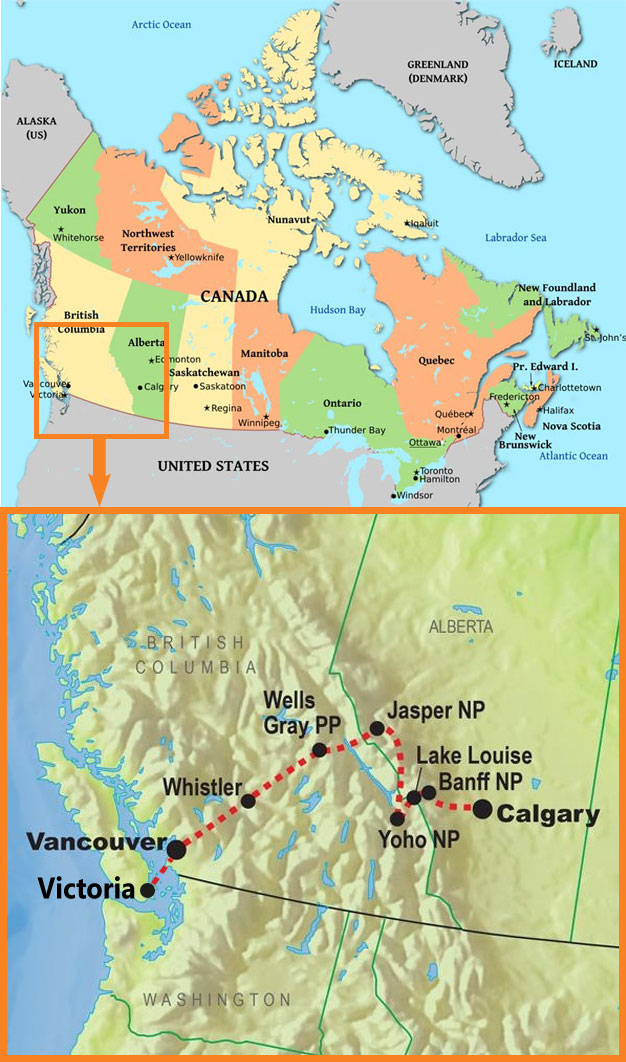 캐나다 로키 20일 여행지도(Victoria, Vancouver, Whistler, Wells Gray PP, Jasper NP, Yoho NP, Lake Louise, Banff NP, Calgary 의 경로로 여행합니다. - 자세한 일정은 아래의 내용을 참고하세요)
